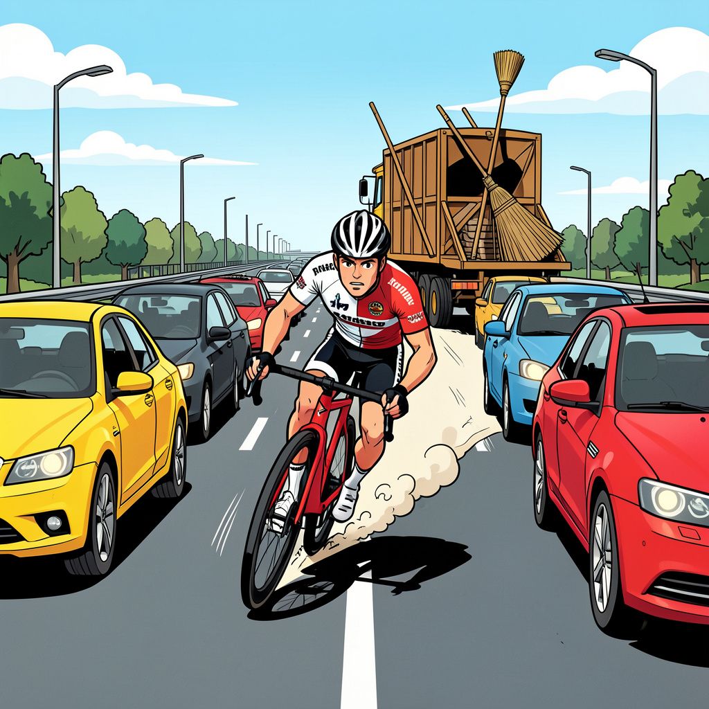 Wielrenner Frank van den Broek slalomt tussen auto's naar de finish en vliegt alsnog uit de Eneco Tour.