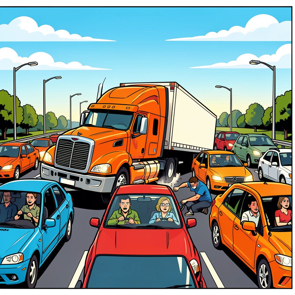 Een geschaarde vrachtwagen zet het verkeer rond