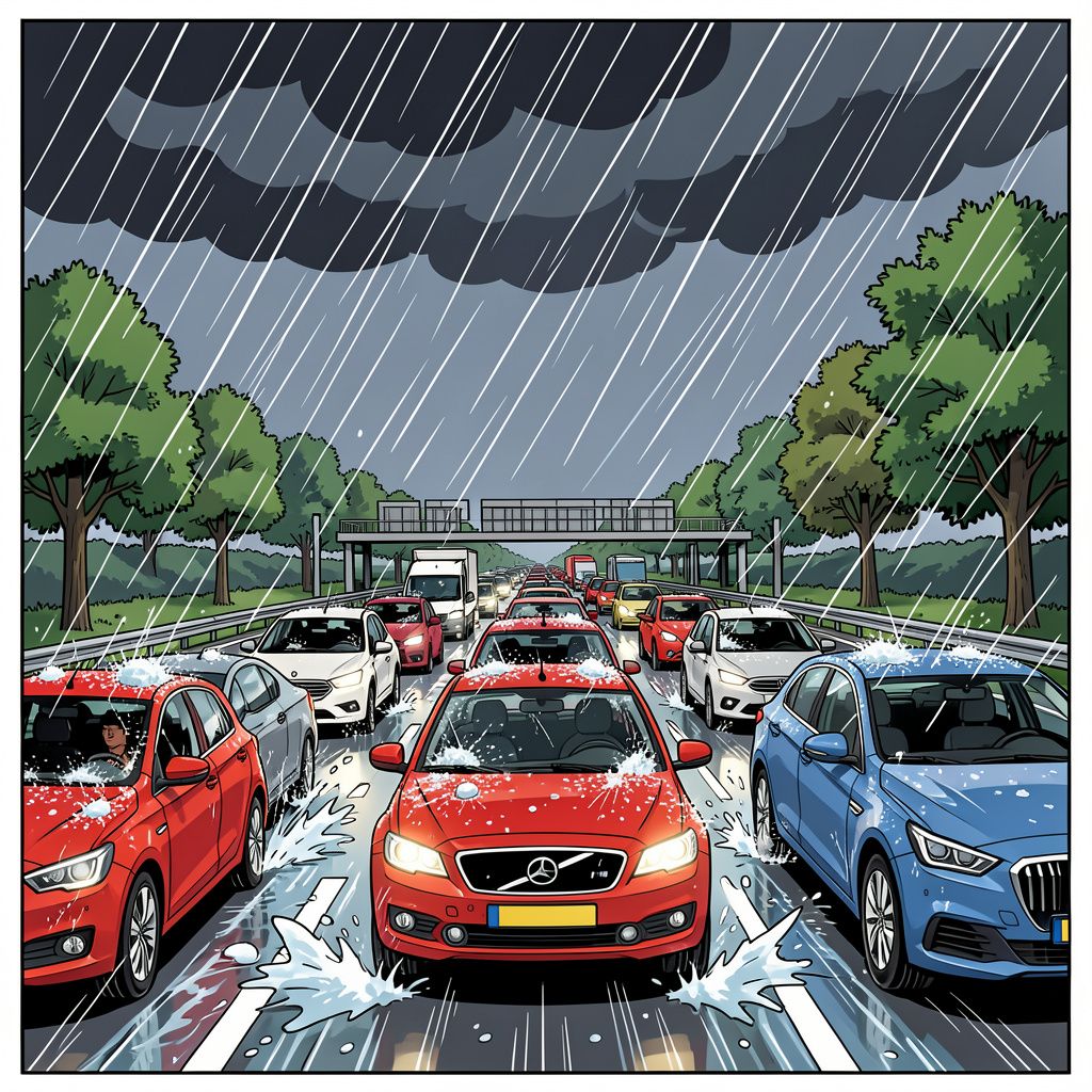 Zware onweersbuien en hagelstenen van twee centimeter teisteren vanmiddag de drukke vrijdagspits.