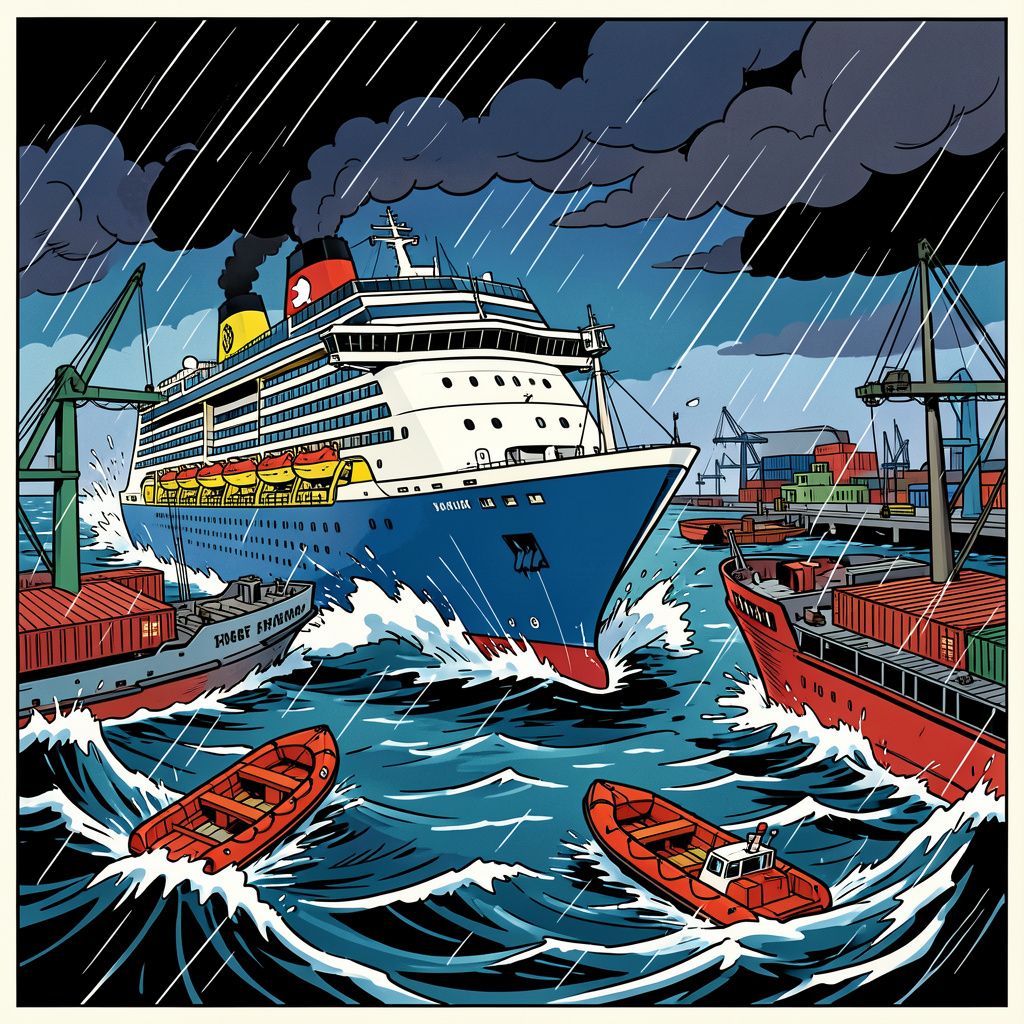 Een zware storm blaast een Duits cruiseschip tegen twee vrachtvaarders.