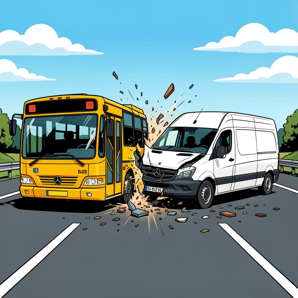 Een Duitse schoolbus crasht op de A28 en ramt een bestelbus volledig doormidden.