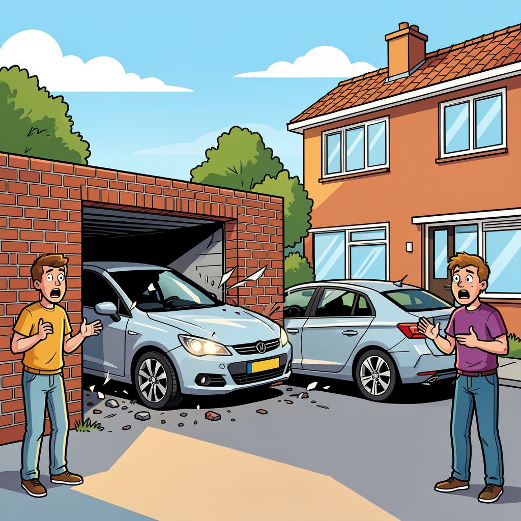 Een auto ramt een stenen muur en drukt een geparkeerde wagen tegen het woonhuis.