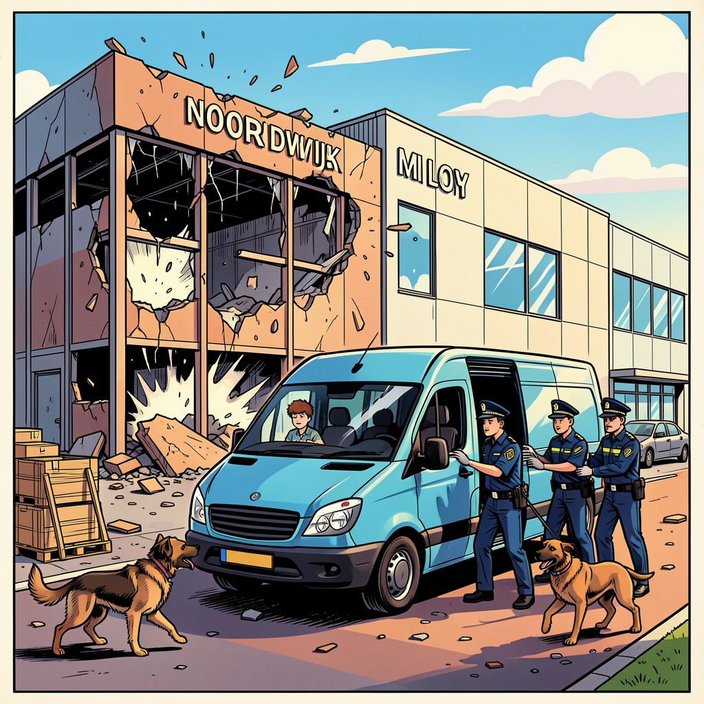 Een zware bom vernielt een drukkerij in Noordwijk en de politie pakt een tiener op in een taxibusje.