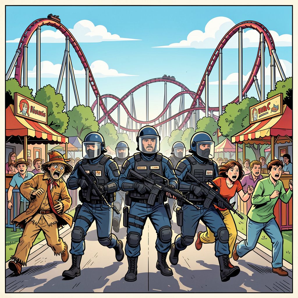 De mobiele eenheid ontruimt griezelzones na massale vechtpartijen in Walibi Holland.