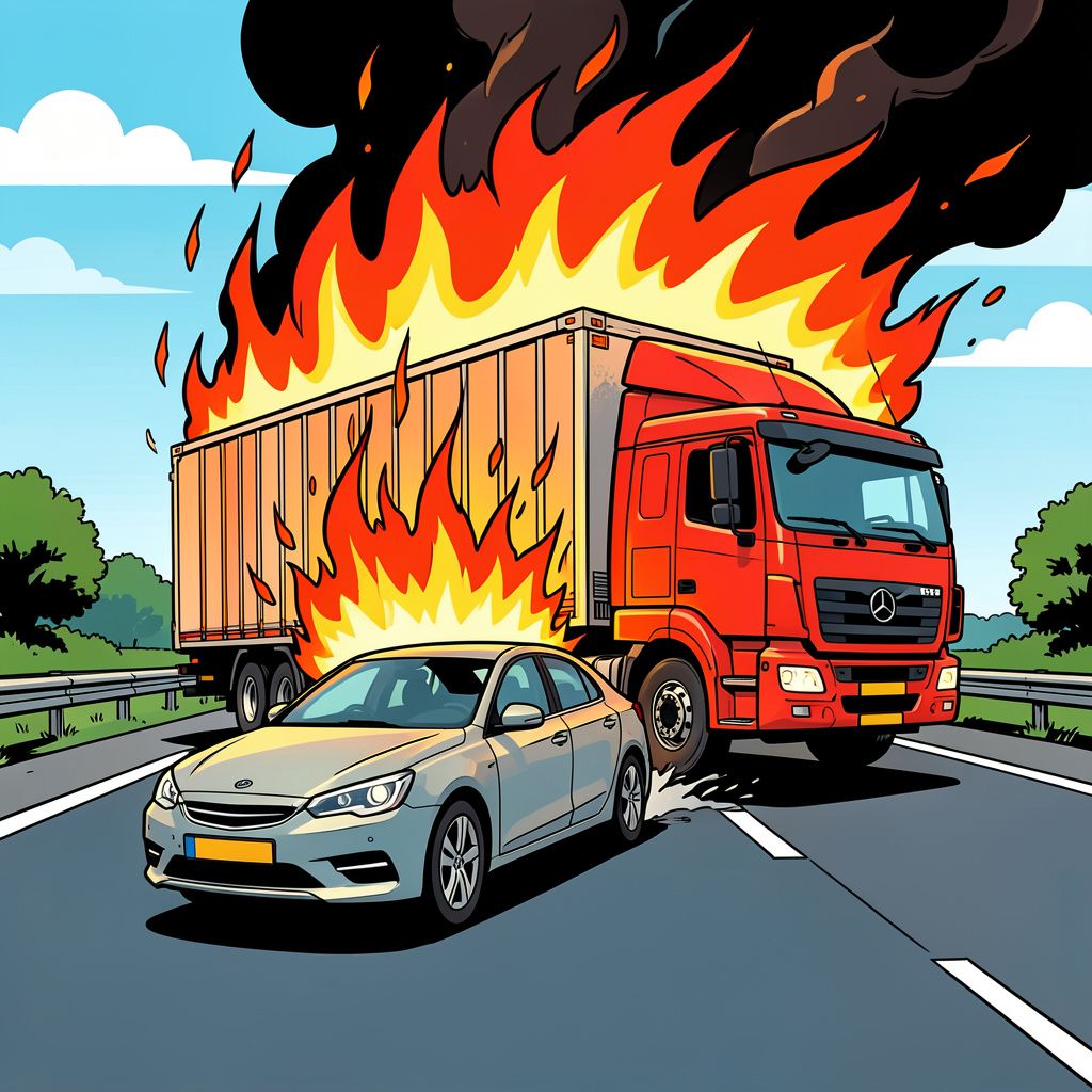 Een personenauto schuift klem onder een brandende vrachtwagen bij Gilze.