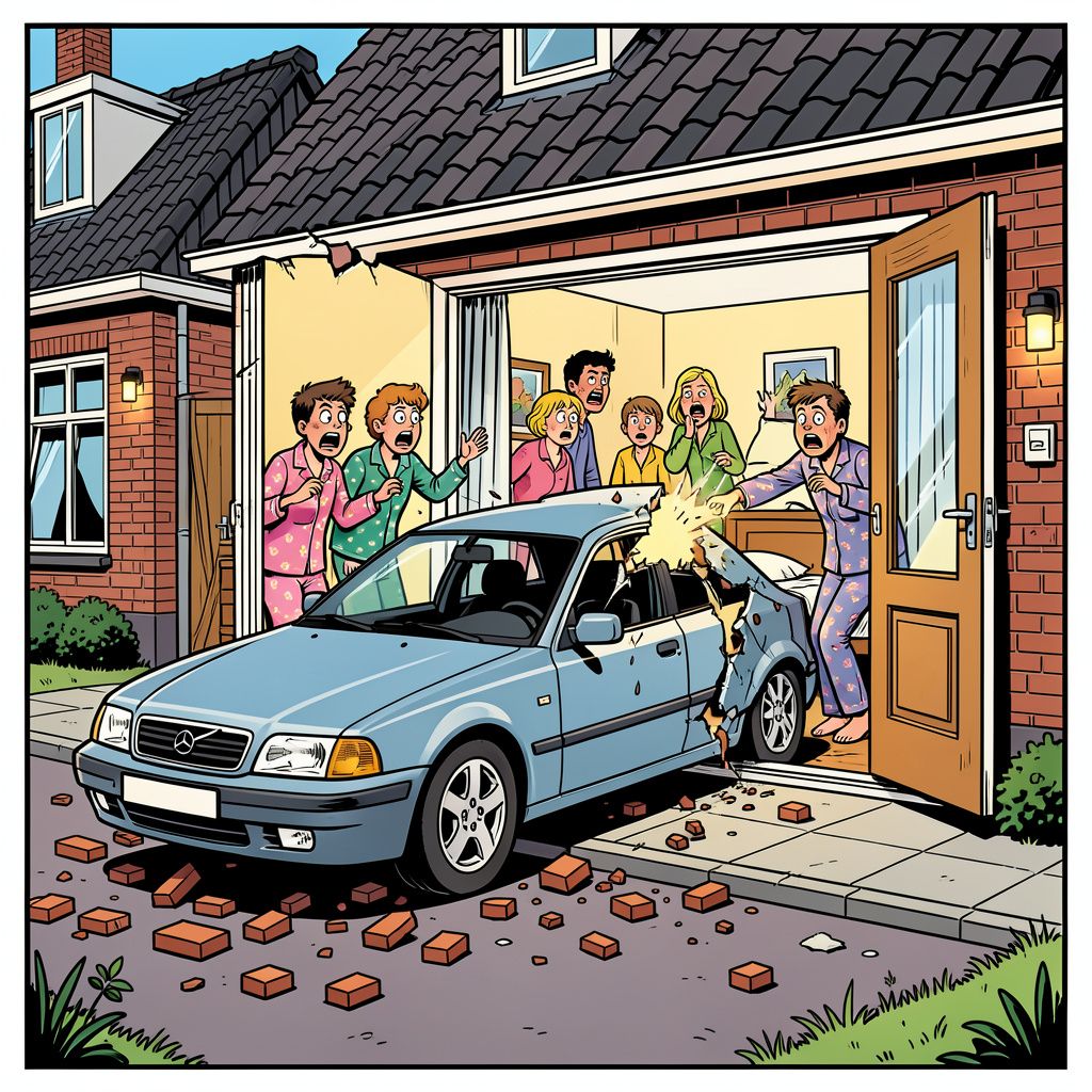 Een auto ramt een slaapkamermuur in Vroomshoop en bezorgt de bewoners de schrik van hun leven.