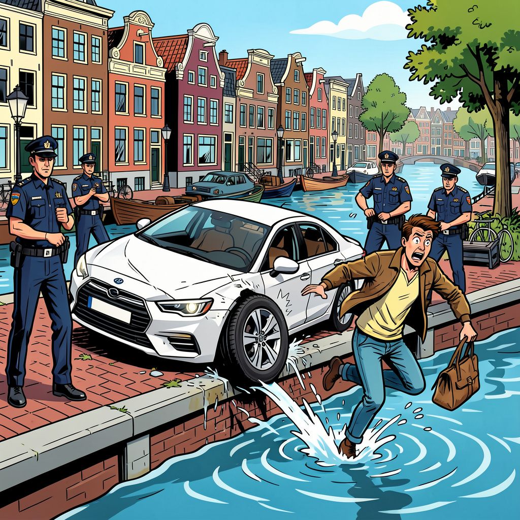 Een wilde achtervolging door Amsterdam eindigt met een klapband en een nat pak voor de vluchtende chauffeur.