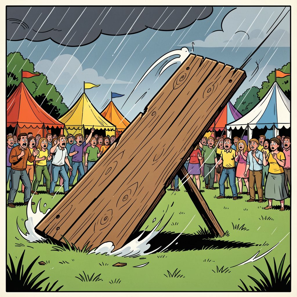 Een omgewaaid festivalbord eist een leven op een christelijk evenement in Engeland.