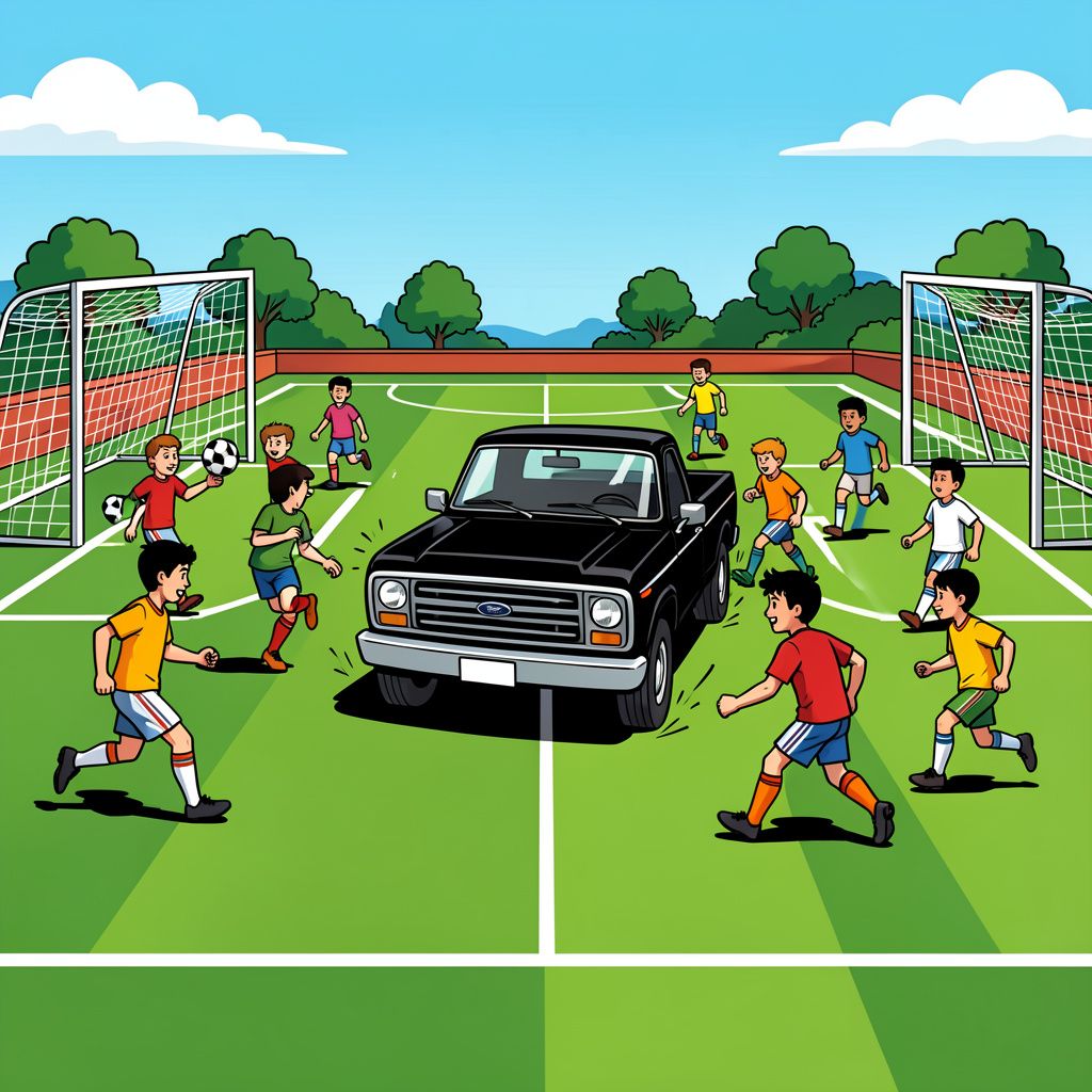Een zwarte pick-up truck rijdt plotseling in op spelende kinderen tijdens een voetbalwedstrijd in Kansas.