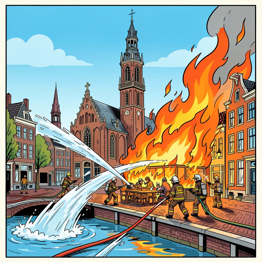 De brandweer voorkomt een ramp pal naast de koninklijke grafkelder in Delft.