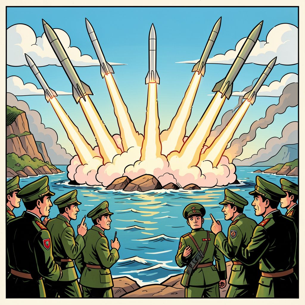 Noord-Korea vuurt plotseling tien raketten tegelijk af op de Oostzee.