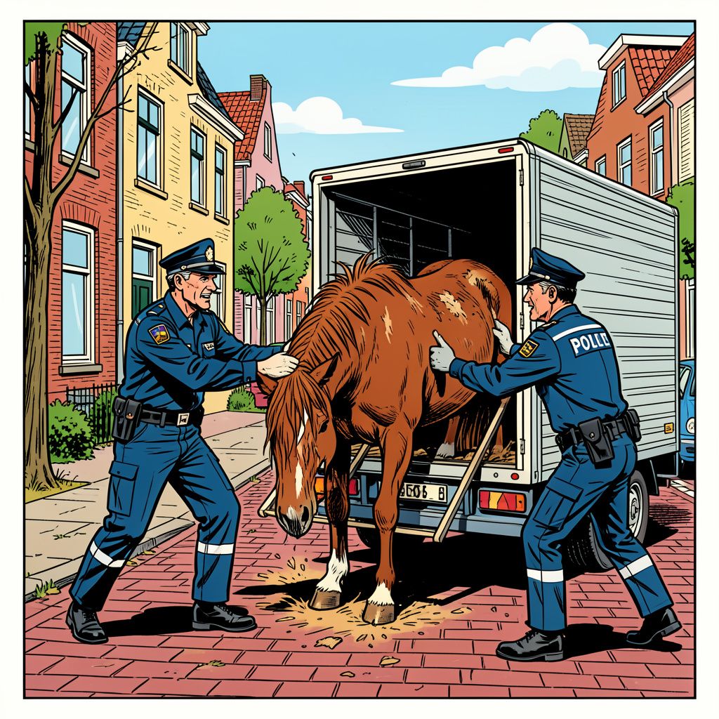 De politie bevrijdt een verwaarloosd paard uit een krappe trailer in een Rotterdamse woonwijk.