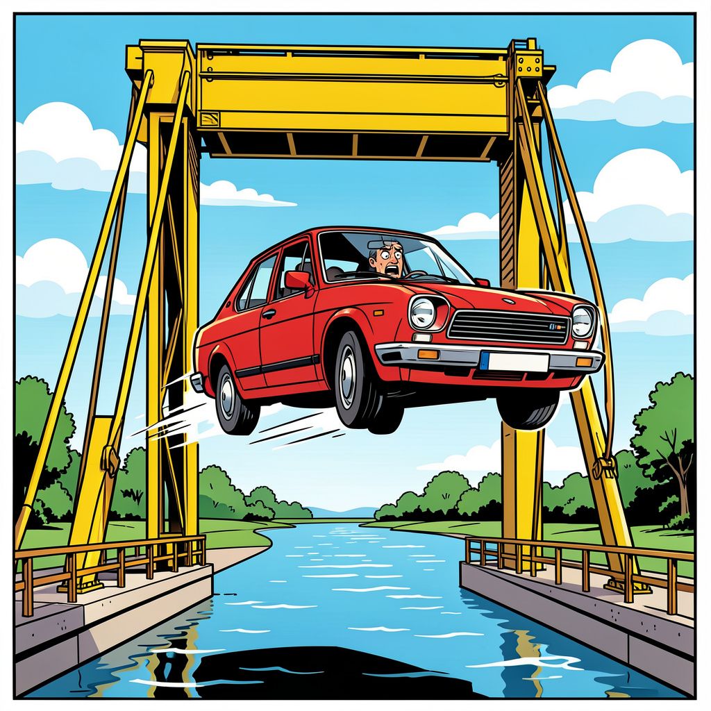 Automobilist springt met auto van stijgende hefbrug in Waddinxveen.